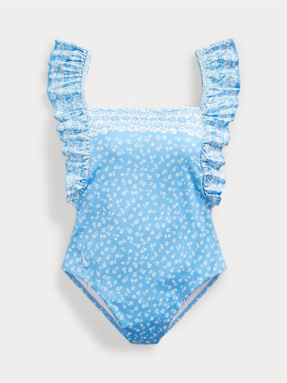 Women'Light Blue Floral Ruffle One-Piece Swimsuit, Polo Ralph Lauren